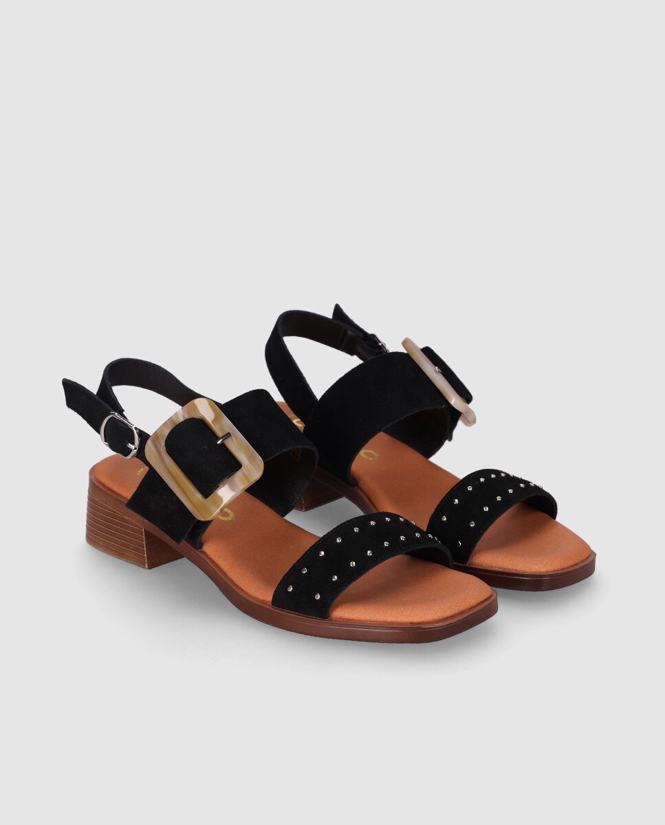 Sandálias de Salto em Pele com Fivela Decorativa e Palmilha Acolchoada Preto-2