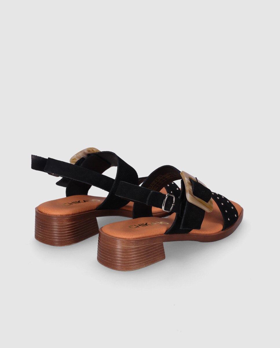 Sandálias de Salto em Pele com Fivela Decorativa e Palmilha Acolchoada Preto-3