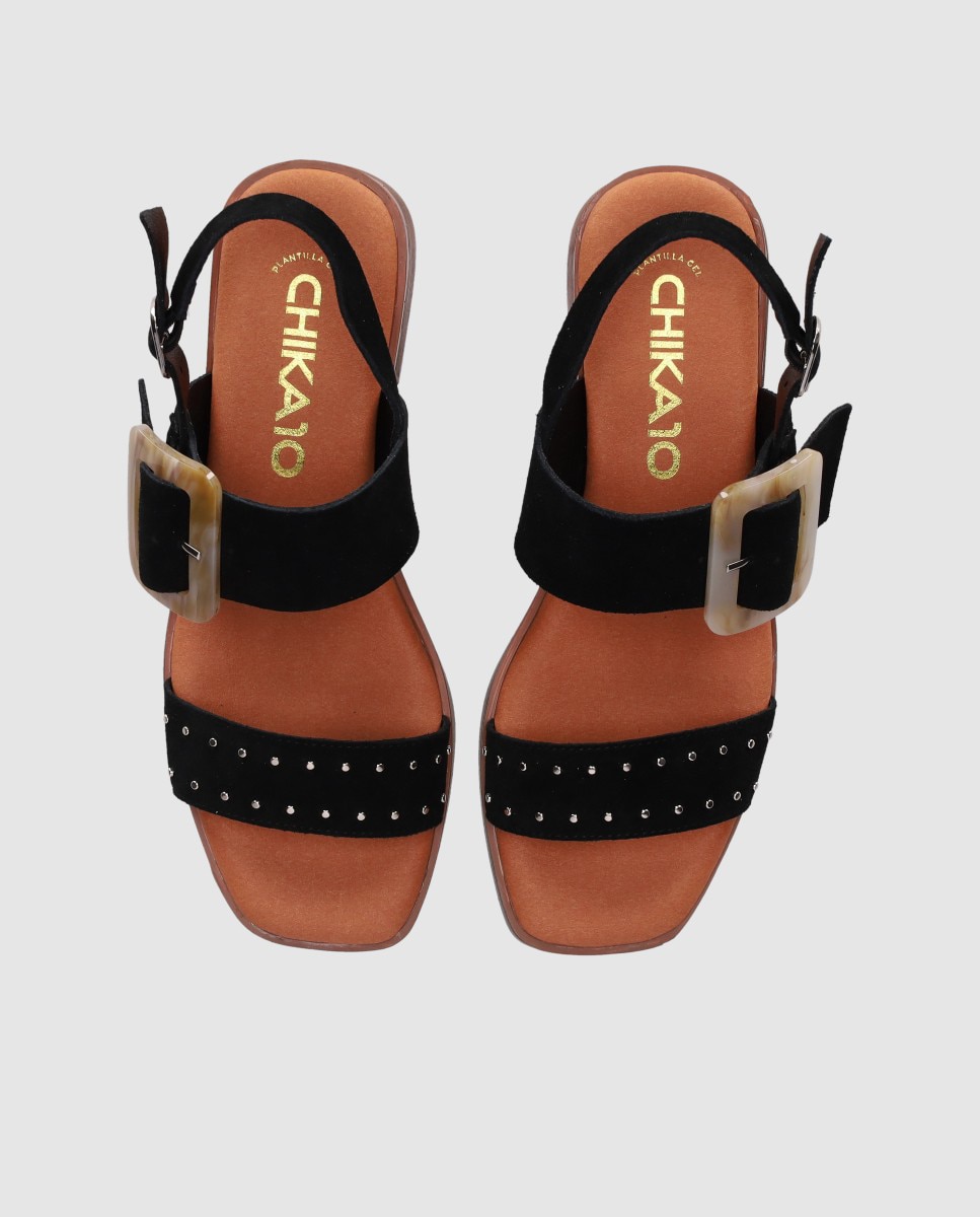 Sandálias de Salto em Pele com Fivela Decorativa e Palmilha Acolchoada Preto-4