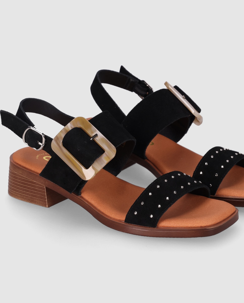 Sandálias de Salto em Pele com Fivela Decorativa e Palmilha Acolchoada Preto-5