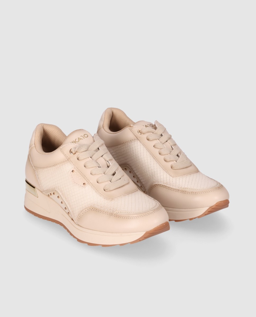 Sapatilhas Básicas com Textura e Detalhes Metálicos Bege-2
