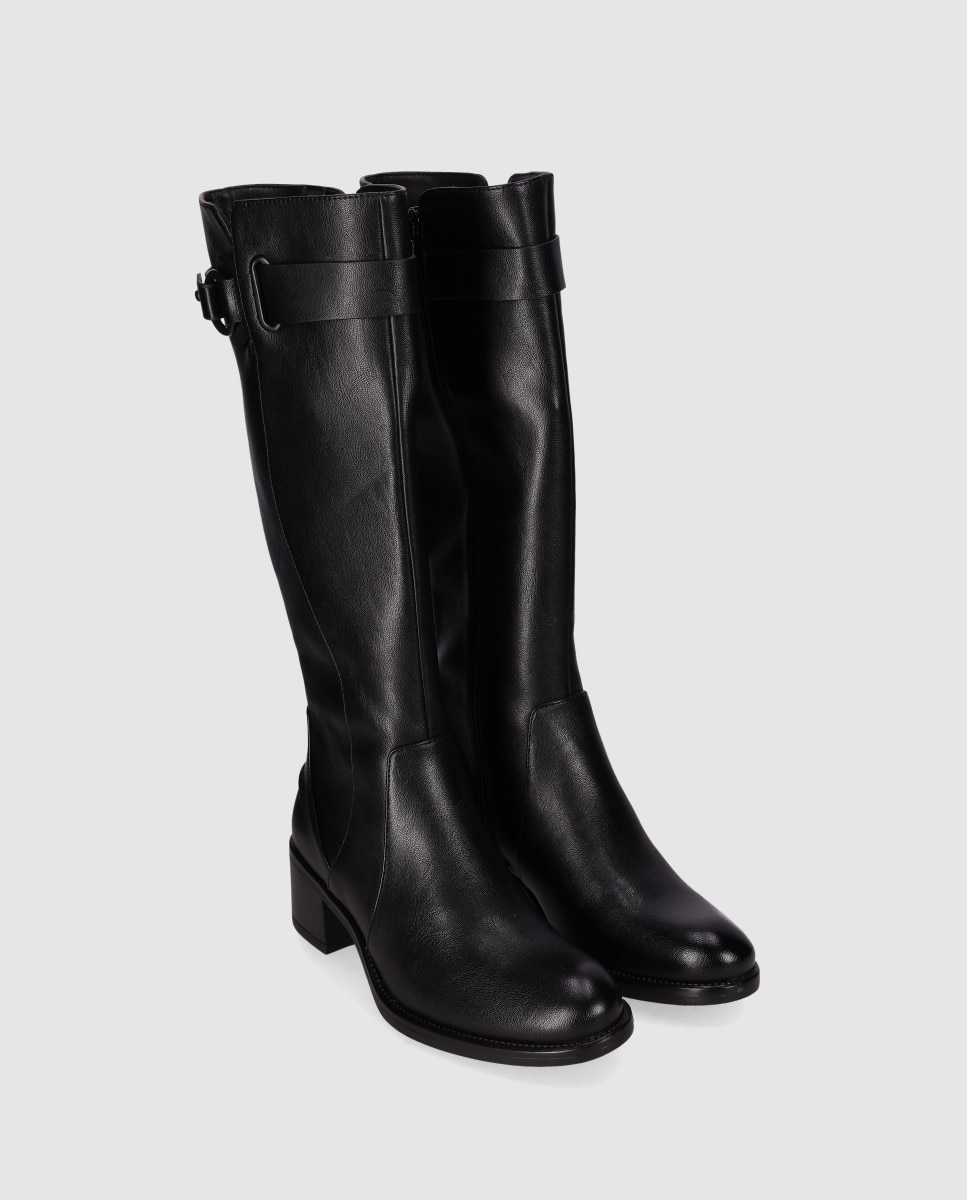 Botas Básicas de Acabamento Elegante com Fivela Decorativa e Fecho Zip Preto-2