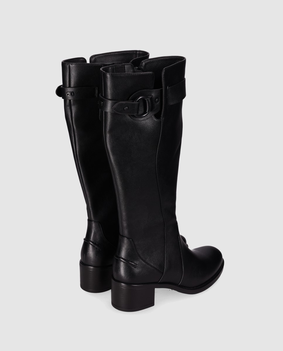 Botas Básicas de Acabamento Elegante com Fivela Decorativa e Fecho Zip Preto-3