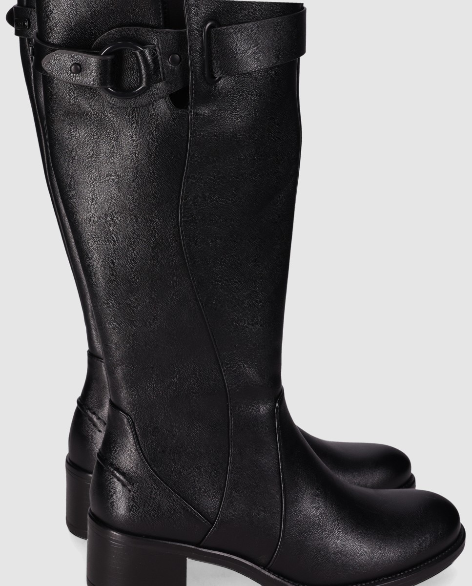 Botas Básicas de Acabamento Elegante com Fivela Decorativa e Fecho Zip Preto-4