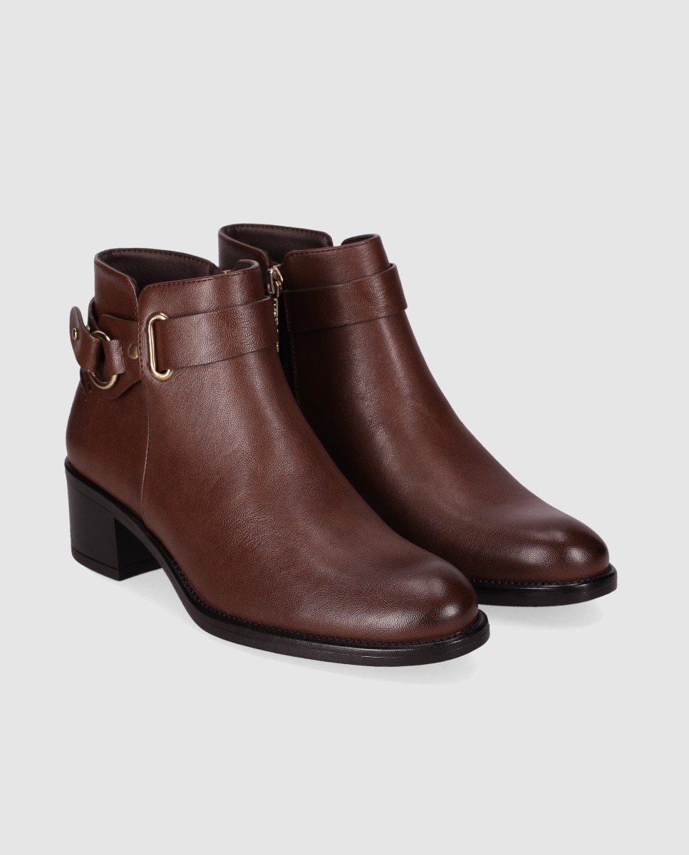 Botins Básicos com Fivela Decorativa e Acabamento Elegante com Fecho Zip Castanho-2