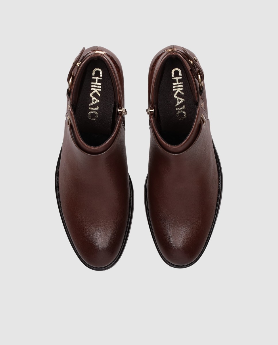 Botins Básicos com Fivela Decorativa e Acabamento Elegante com Fecho Zip Castanho-4
