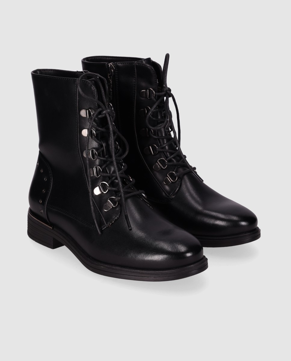 Botins Básicos com Fecho Zip e Ajuste de Atacadores Estilo Preppy Preto-2