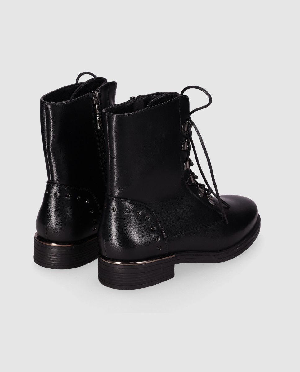 Botins Básicos com Fecho Zip e Ajuste de Atacadores Estilo Preppy Preto-3