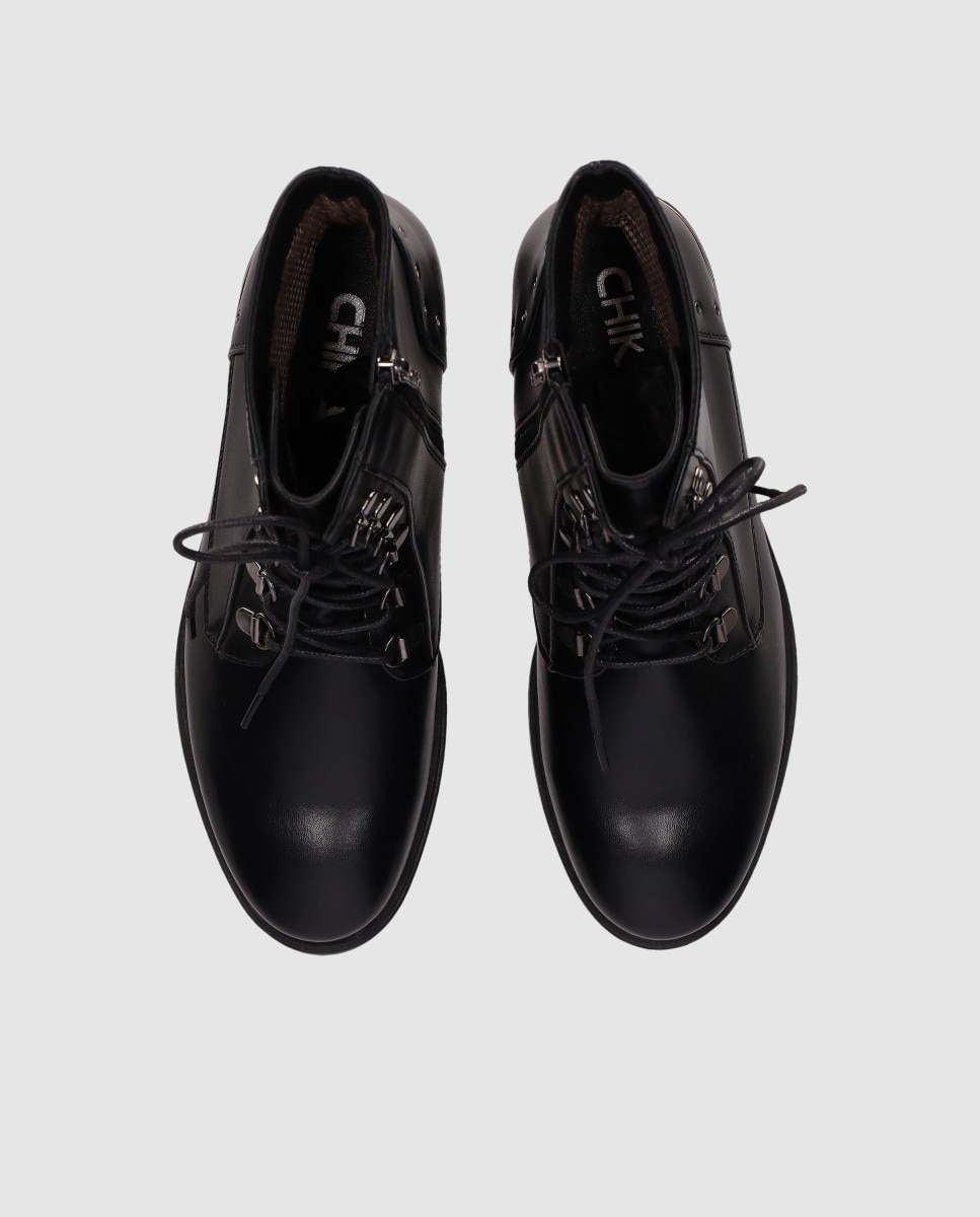 Botins Básicos com Fecho Zip e Ajuste de Atacadores Estilo Preppy Preto-4
