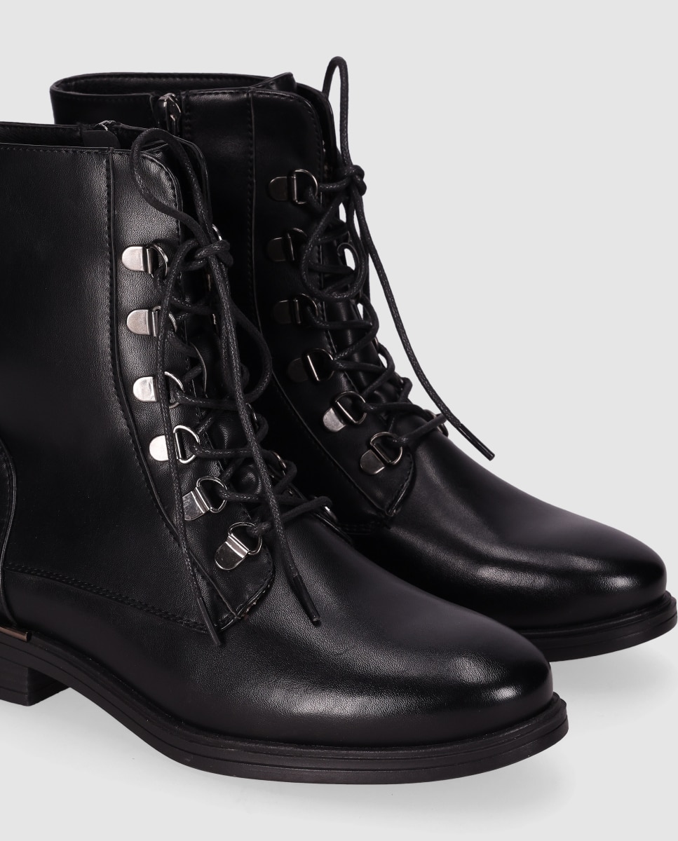 Botins Básicos com Fecho Zip e Ajuste de Atacadores Estilo Preppy Preto-5