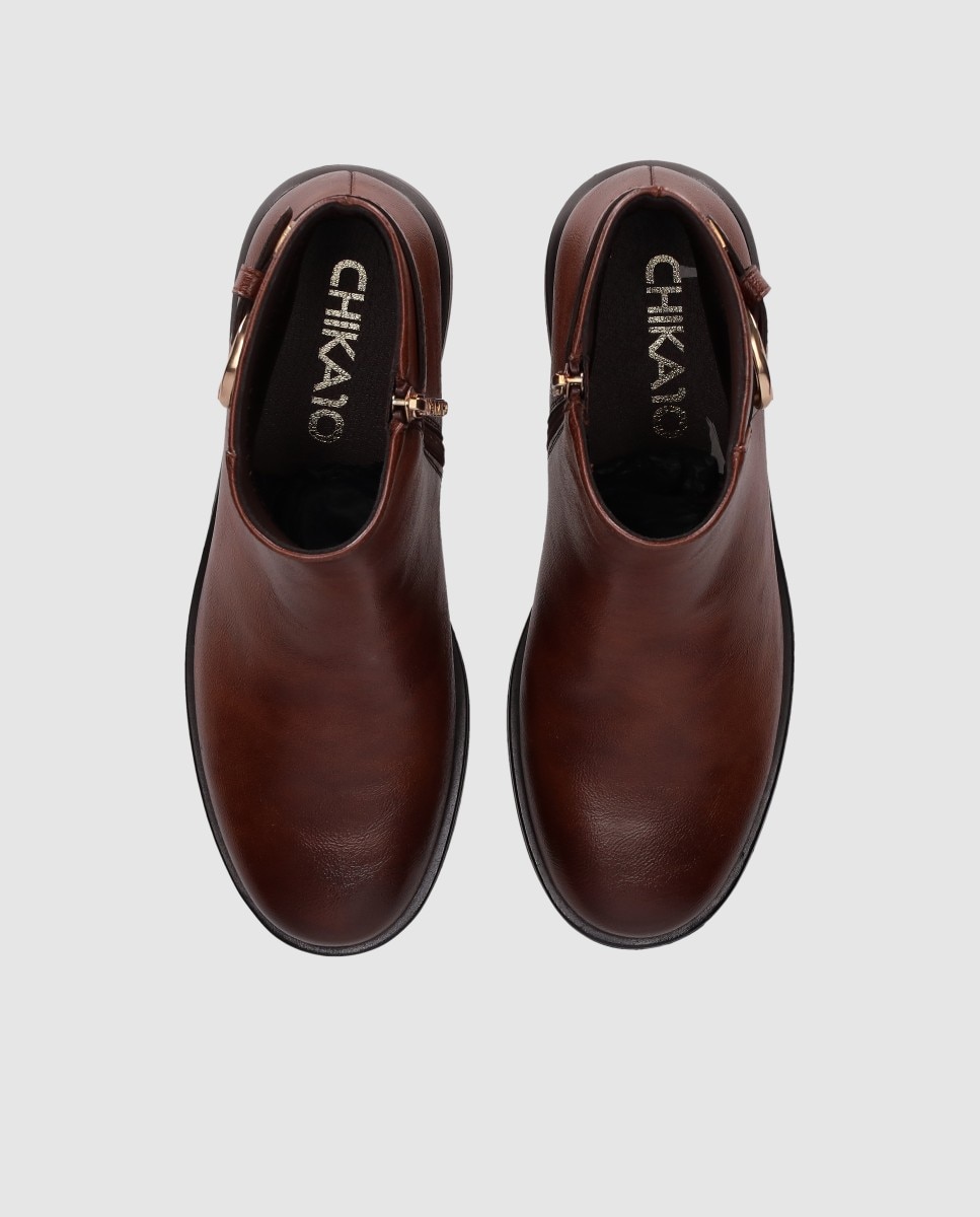 Botins Básicos de Salto Bloco com Fivela Decorativa e Biqueira Redonda Castanho-4