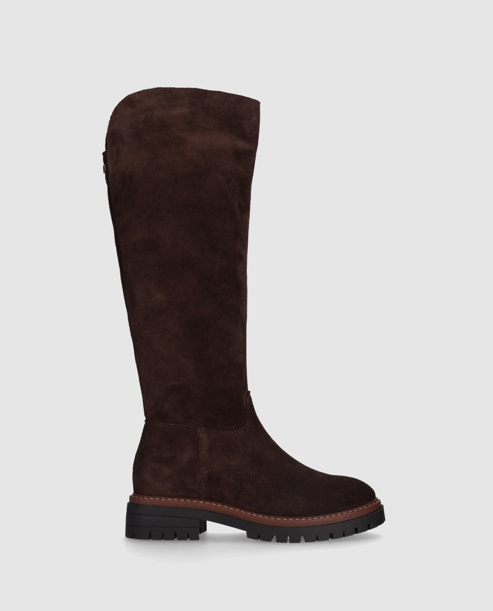 Botas em Pele com Cano Alto e Fecho Zip Castanho-escuro-1