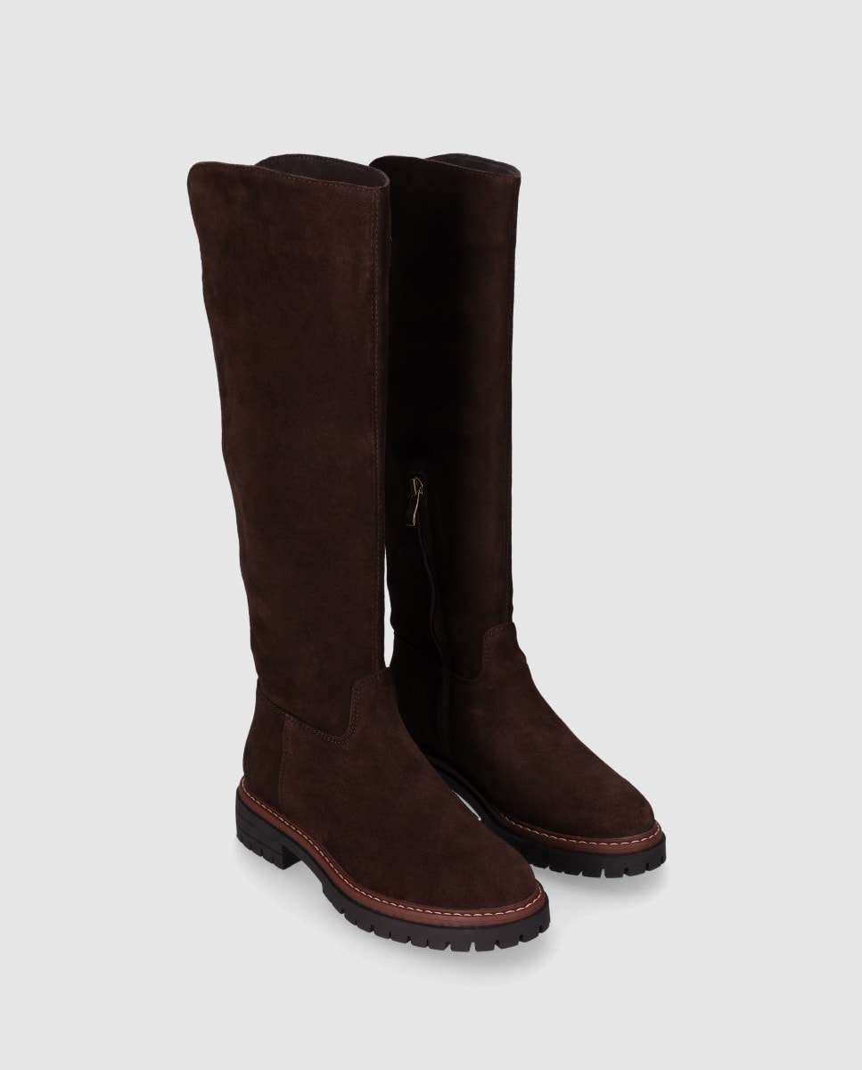 Botas em Pele com Cano Alto e Fecho Zip Castanho-escuro-2