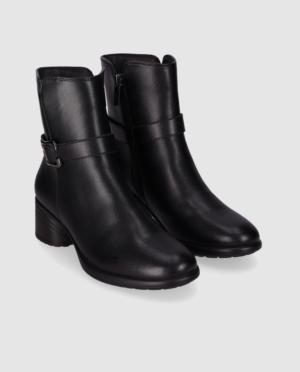 Botins Básicos em Pele com Design Elegante e Tacão Largo Preto-2