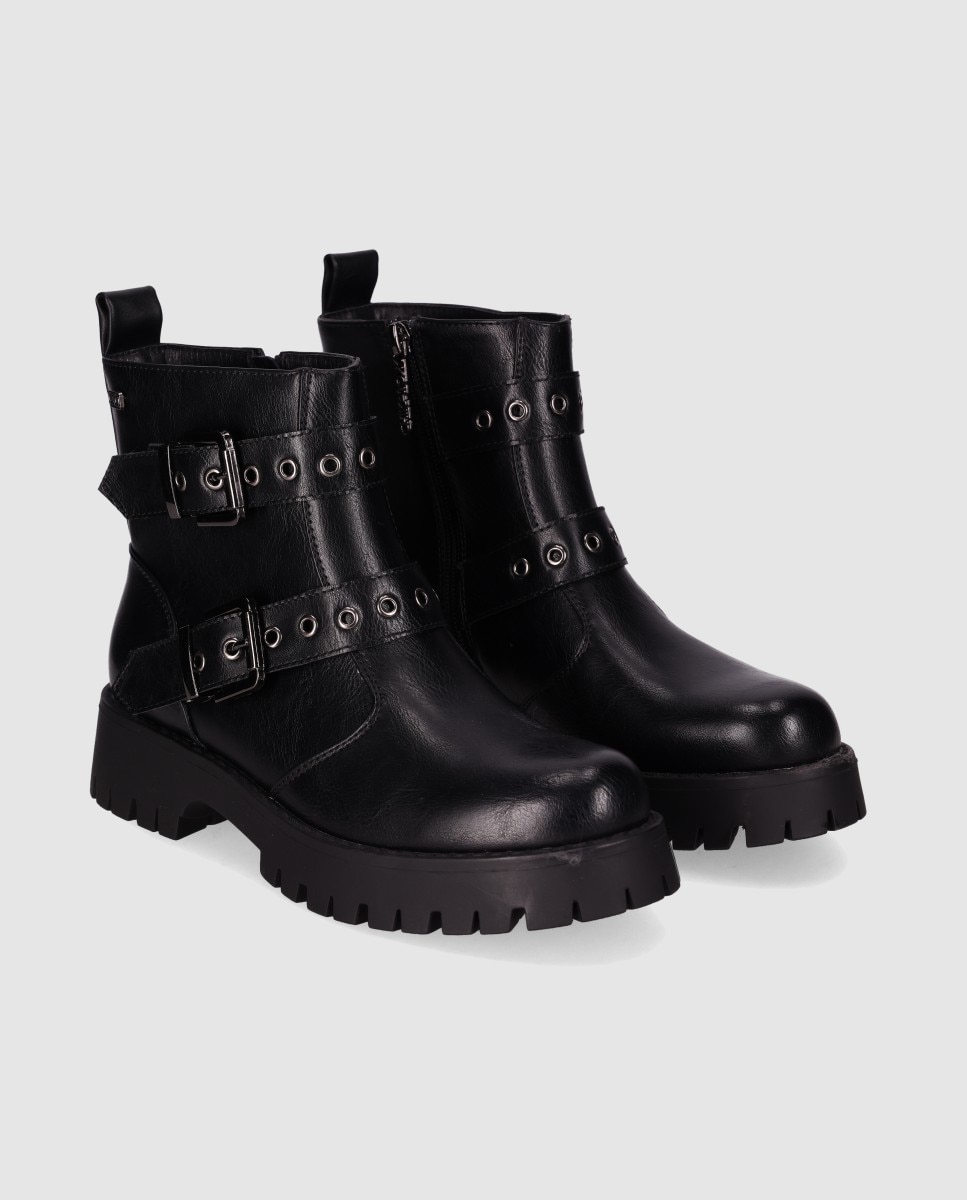 Botins com Fecho Zip e Tiras com Fivelas Decorativas Preto-2
