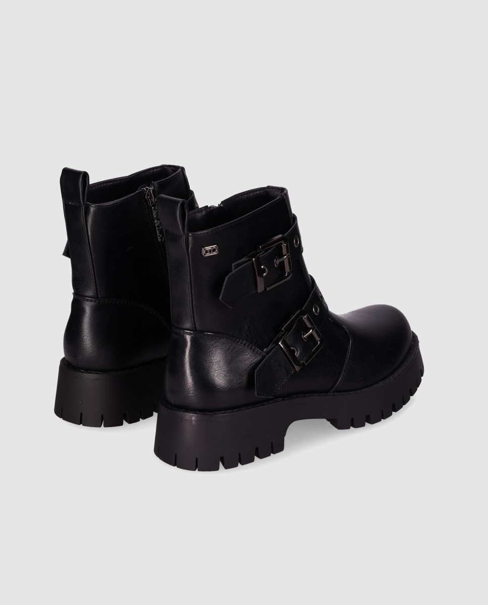 Botins com Fecho Zip e Tiras com Fivelas Decorativas Preto-3