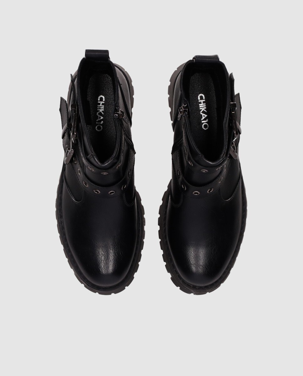Botins com Fecho Zip e Tiras com Fivelas Decorativas Preto-4