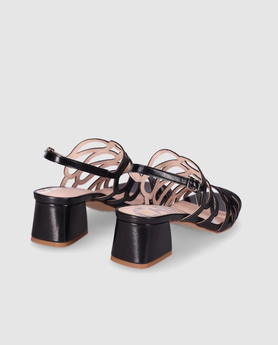 Sandálias de Salto Largo com Design Sofisticado de Tiras Curvas Entrelaçadas e Fecho de Fivela Preto-3