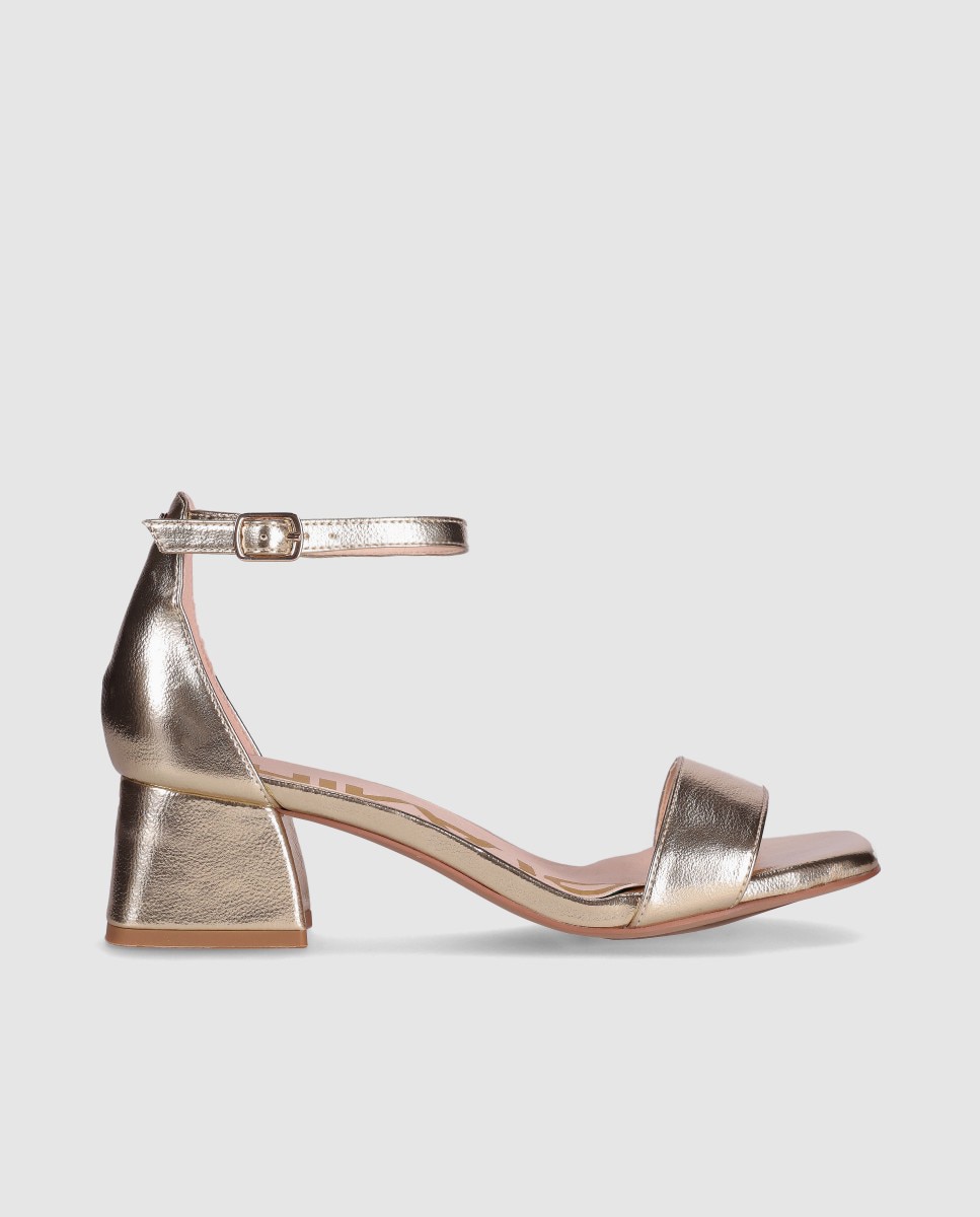 Sandálias de Salto com Estilo Minimalista e Elegante de Tacão Largo e Tira no Tornozelo Dourado-1