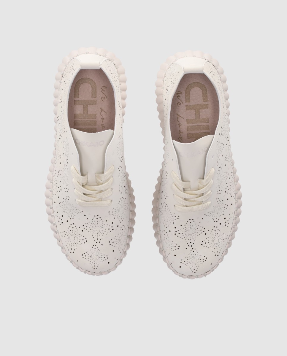 Sapatos de Cordões com Design de Flores Perfurado e Fecho de Cordões Bege-5