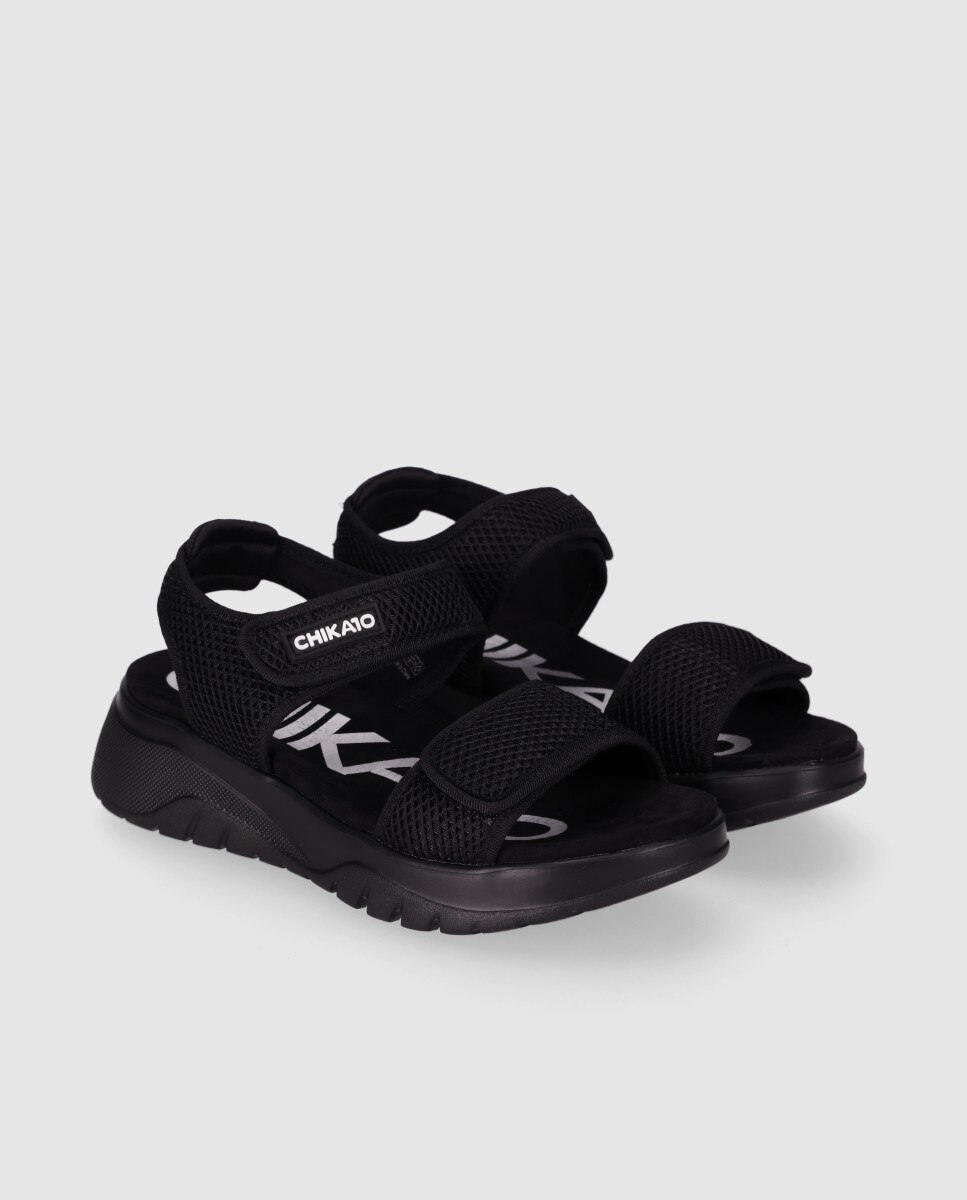 Sandálias de Cunha Chika10 em Preto com Velcro Preto-2