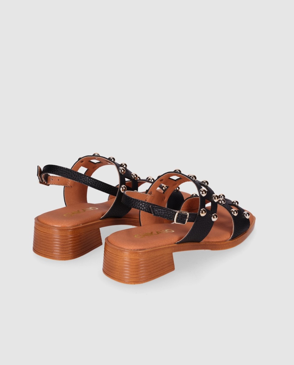 Sandálias de Salto em Pele com Tira Dupla Perfurada e Decorações Metálicas Preto / Laranja-3