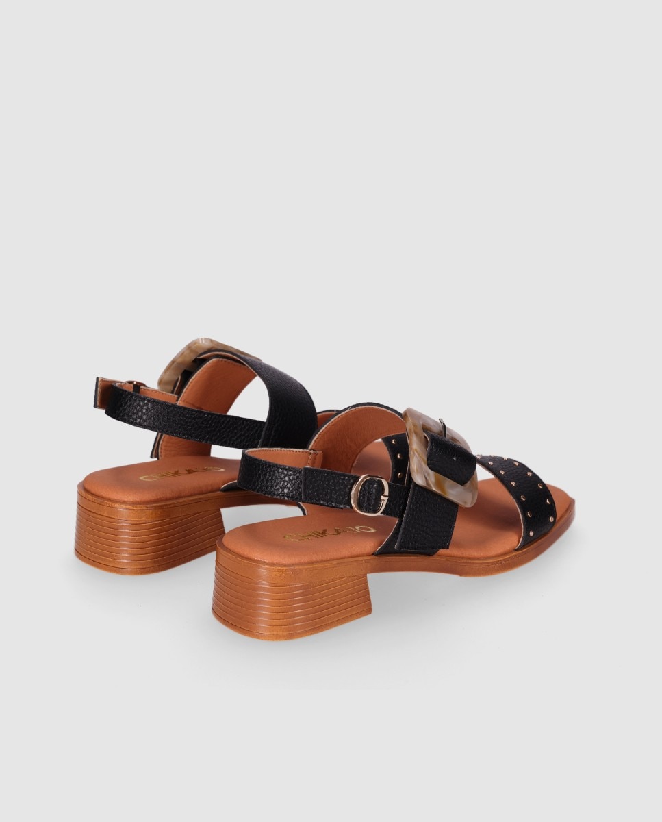 Sandálias de Salto em Pele com Tira Dupla Frontal e Maxi Fivela Decorativa Preto-3