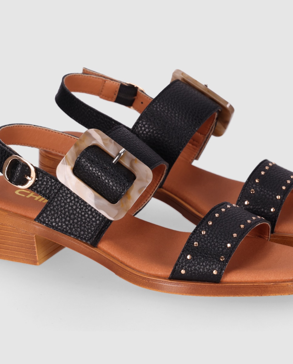Sandálias de Salto em Pele com Tira Dupla Frontal e Maxi Fivela Decorativa Preto-5