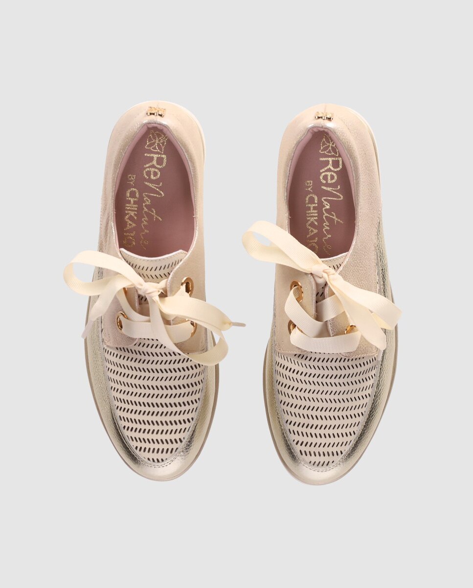 Sapatos de Cordões em Pele com Material Perfurado e Sola Leve Ouro / Prata-4
