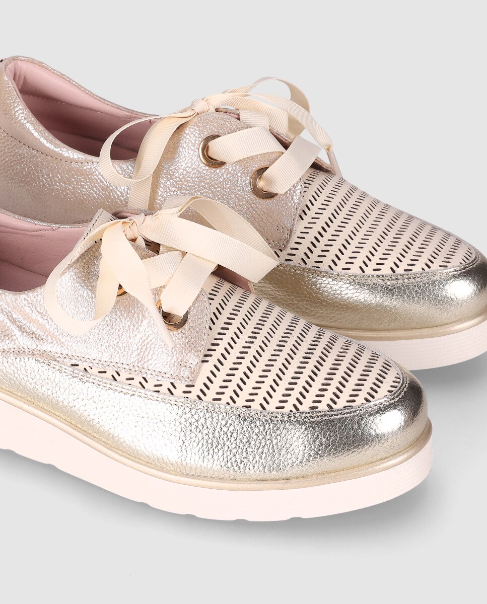 Sapatos de Cordões em Pele com Material Perfurado e Sola Leve Ouro / Prata-5