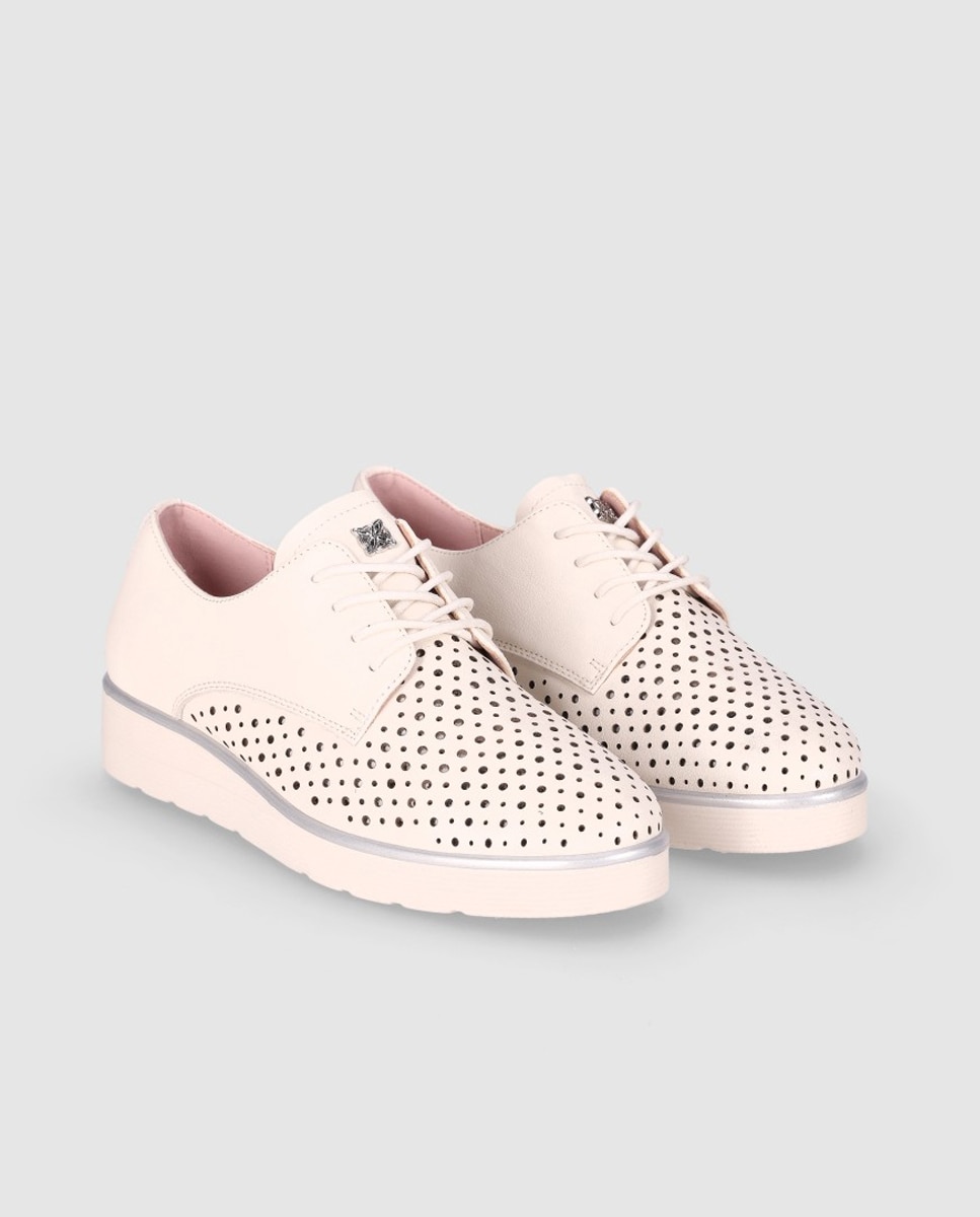 Sapatos de Cordões em Pele com Detalhes Perfurados e Biqueira Redonda Branco-2