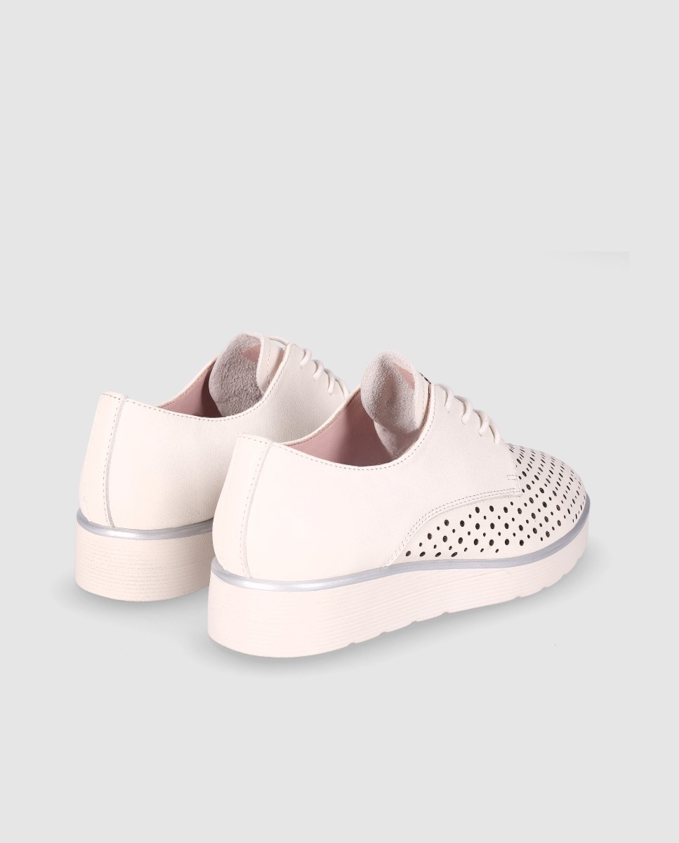 Sapatos de Cordões em Pele com Detalhes Perfurados e Biqueira Redonda Branco-3