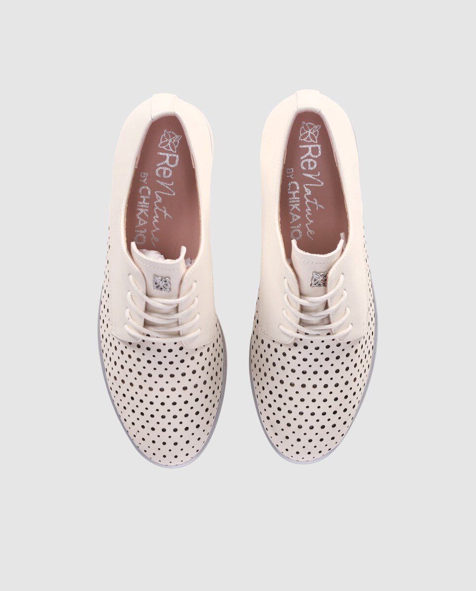 Sapatos de Cordões em Pele com Detalhes Perfurados e Biqueira Redonda Branco-4