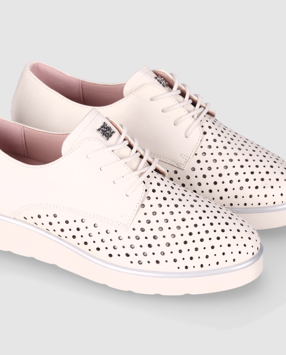 Sapatos de Cordões em Pele com Detalhes Perfurados e Biqueira Redonda Branco-5