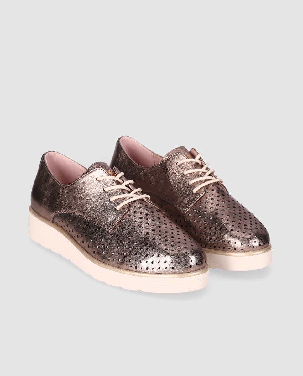 Sapatos de Cordões em Pele com Detalhes Perfurados e Biqueira Redonda Crómio / Dourado-2