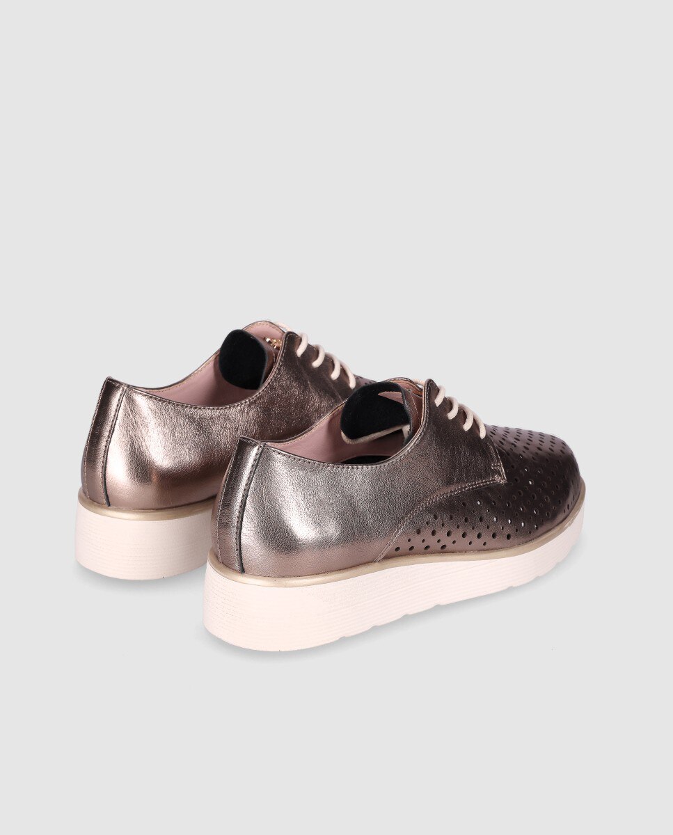 Sapatos de Cordões em Pele com Detalhes Perfurados e Biqueira Redonda Crómio / Dourado-3