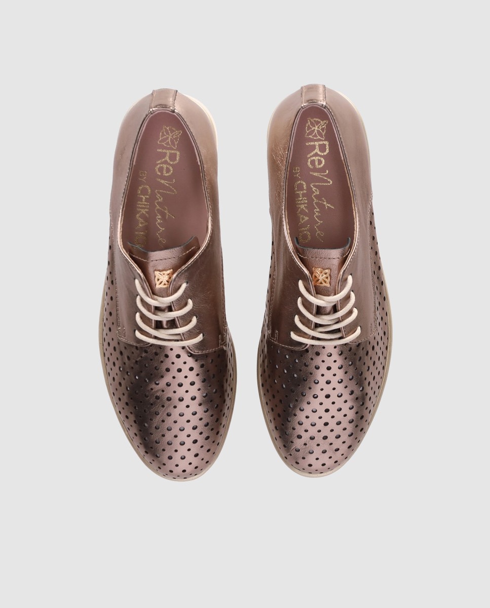 Sapatos de Cordões em Pele com Detalhes Perfurados e Biqueira Redonda Crómio / Dourado-4
