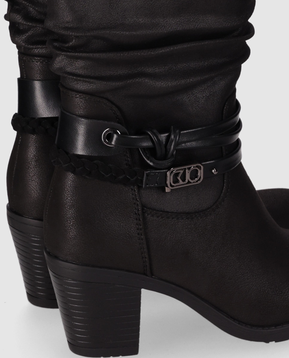 Botins Cowboy com Cano Médio Franzido e Detalhes Decorativos no Tornozelo Preto-5