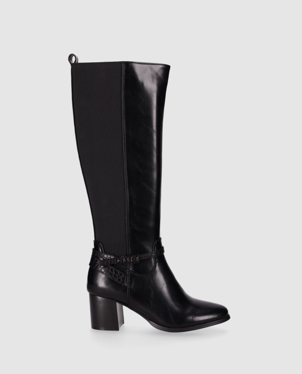 Imagem 0 de Botas Básicas de Salto Largo Que Mistura Painel Elástico com Partes Decorativas Texturizadas