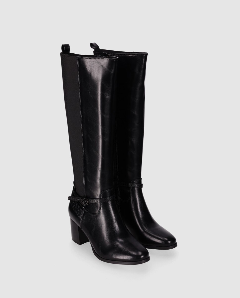 Botas Básicas de Salto Largo Que Mistura Painel Elástico com Partes Decorativas Texturizadas Preto-2