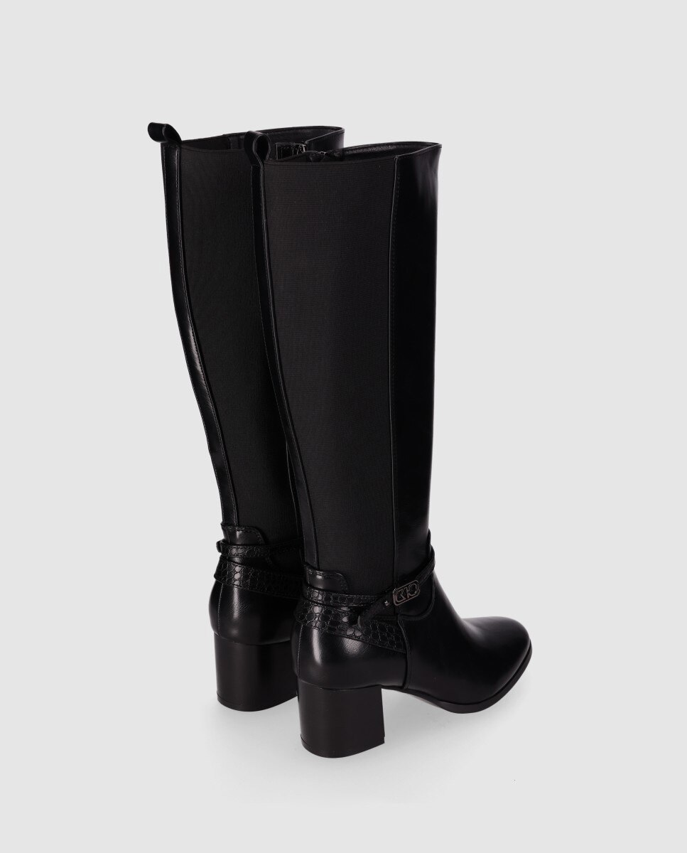 Botas Básicas de Salto Largo Que Mistura Painel Elástico com Partes Decorativas Texturizadas Preto-3