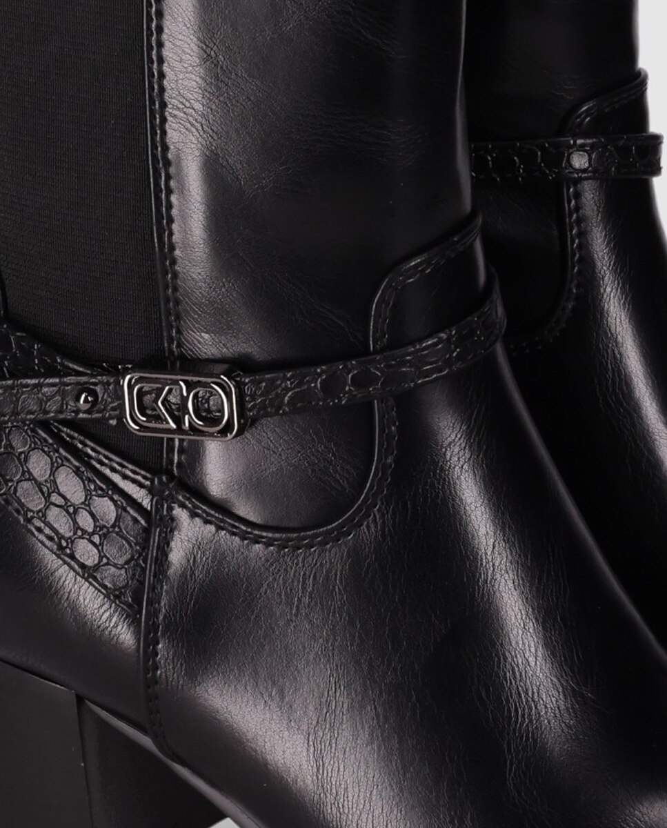 Botas Básicas de Salto Largo Que Mistura Painel Elástico com Partes Decorativas Texturizadas Preto-4