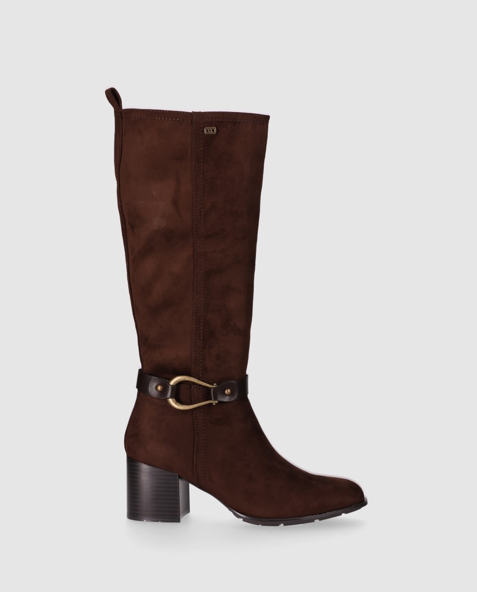 Botas Básicas com Acabamento Têxtil de Cano Alto e Detalhe Decorativo no Tornozelo Castanho-2