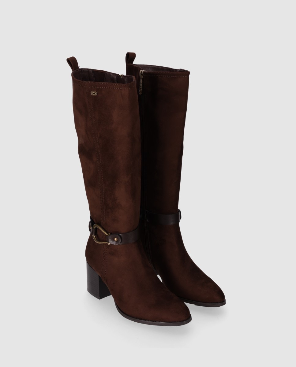 Botas Básicas com Acabamento Têxtil de Cano Alto e Detalhe Decorativo no Tornozelo Castanho-3