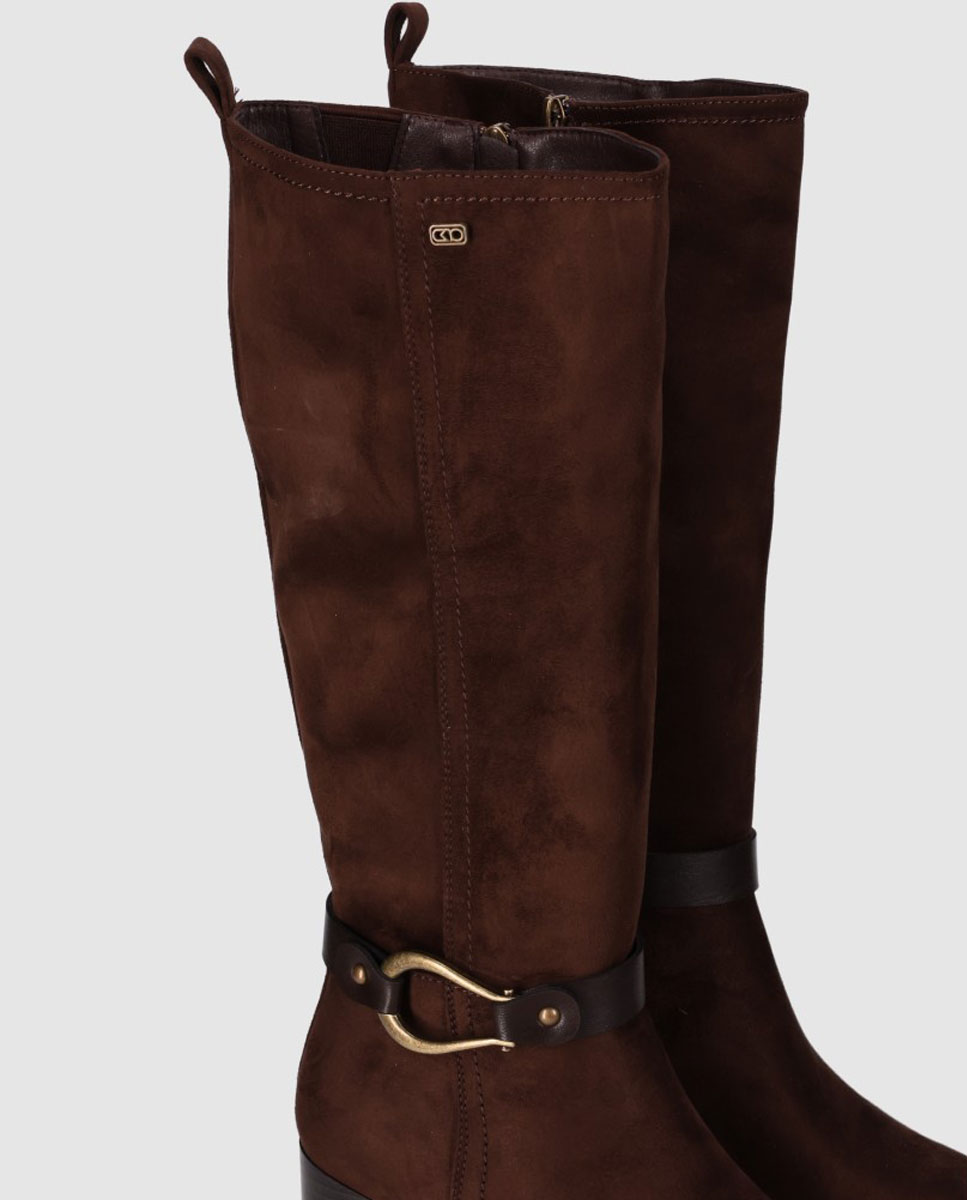 Botas Básicas com Acabamento Têxtil de Cano Alto e Detalhe Decorativo no Tornozelo Castanho-5