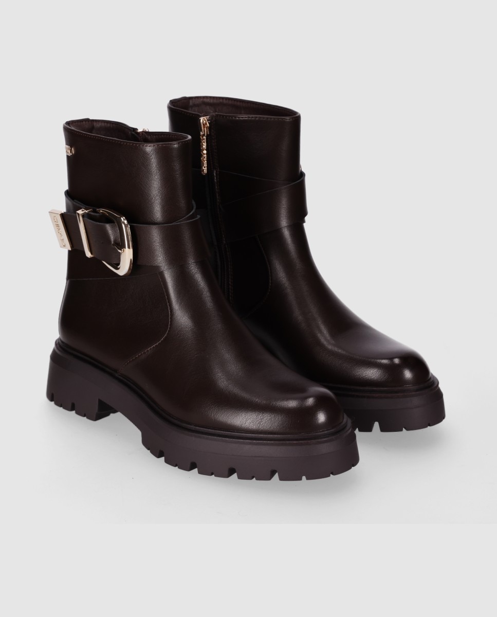 Botins Sola Track com Tira Envolvente com Fivela Metálica Decorativa Castanho-2