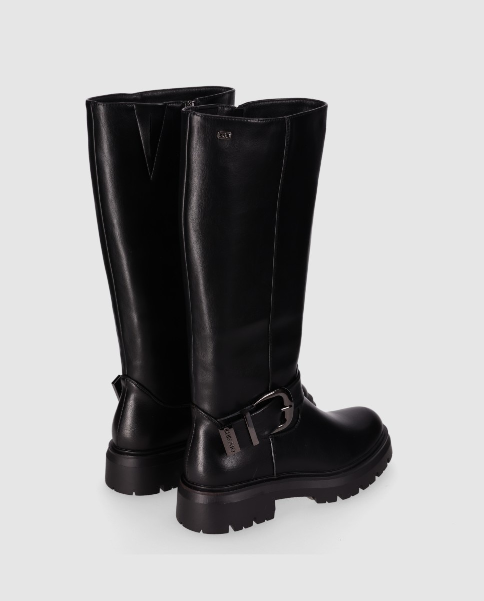 Botas Sola Track com Cano Alto e Tira Envolvente com Fivela Metálica Decorativa Preto-3