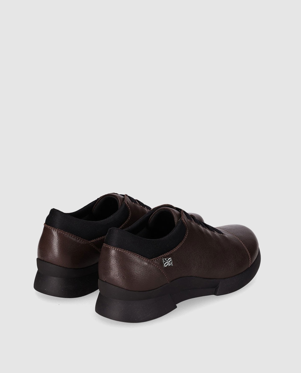 Sapatos de Cordões em Pele com Atacadores Elásticos e Sola Leve Castanho-3