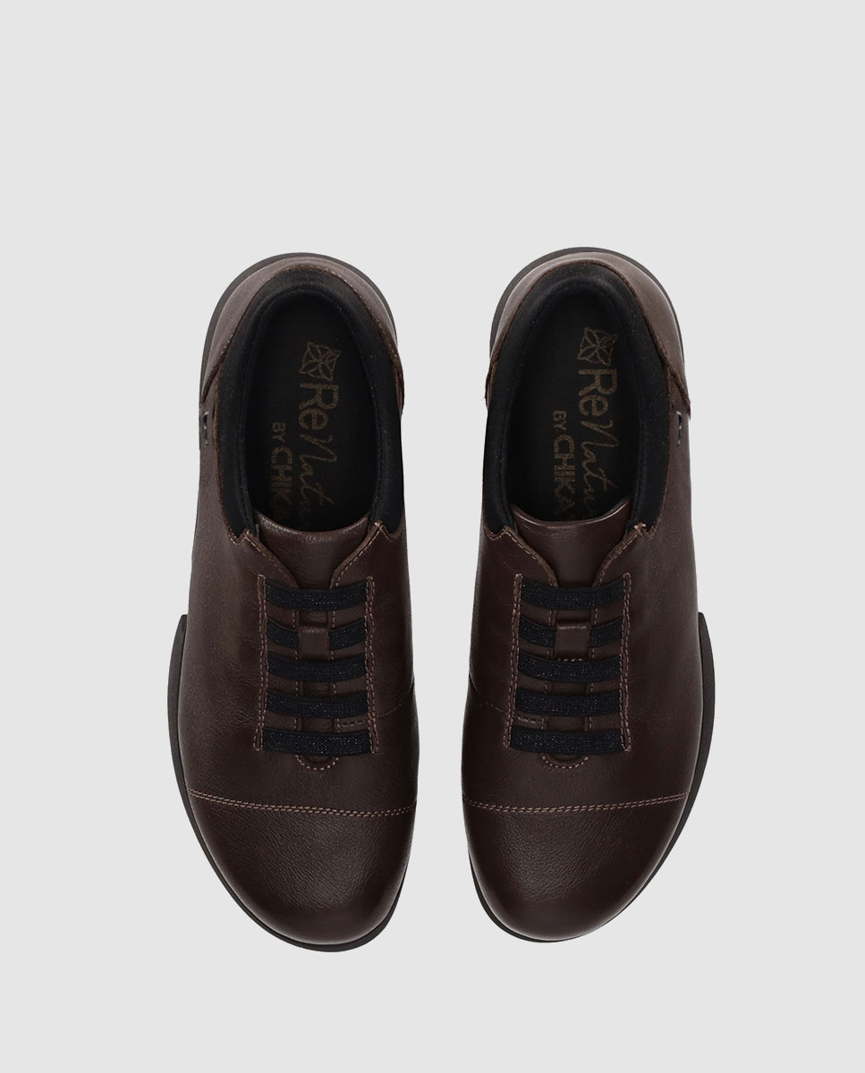 Sapatos de Cordões em Pele com Atacadores Elásticos e Sola Leve Castanho-4