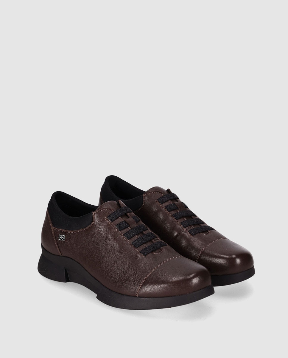 Sapatos de Cordões em Pele com Atacadores Elásticos e Sola Leve Castanho-2